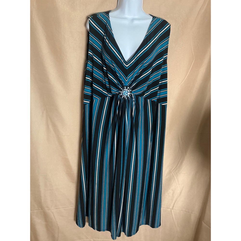 Onyx Nite Striped Midi Dress Womens 3X Teal Black Excellent Rhinestone Empire
